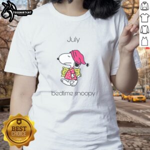 Alt Text: Cute July Bedtime Snoopy Ladies Tee featuring a playful Snoopy graphic, perfect for cozy summer nights.