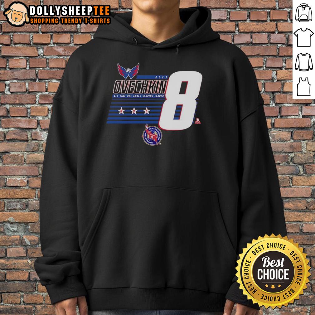 Awesome Alexander Ovechkin 8 Washington Capitals All-Time NHL Goals Scoring Leader Hoodie Alt Text: Stylish hoodie featuring Alexander Ovechkin, the Washington Capitals' all-time NHL goals scoring leader, number 8.