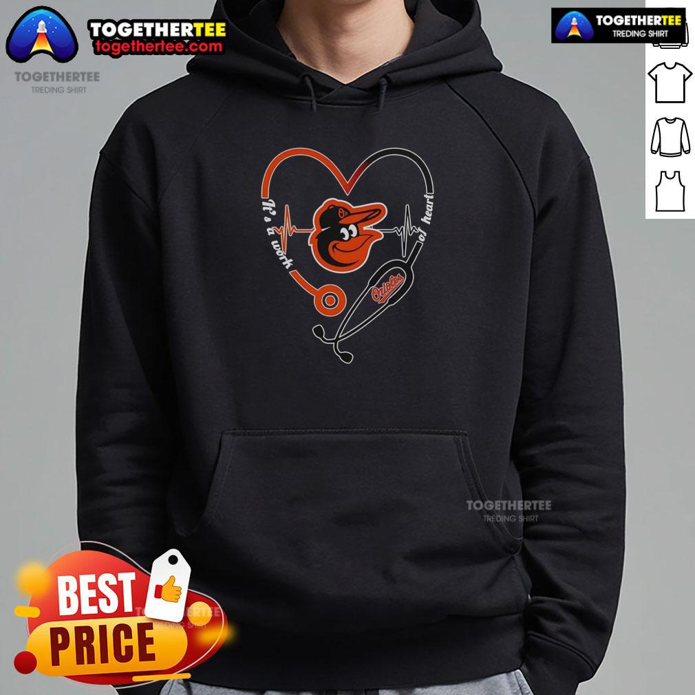 Awesome Baltimore Orioles It's A Work Of Heart Stethoscope And Heartbeat Shape Hoodie Alt Text: Baltimore Orioles hoodie featuring a stethoscope and heartbeat design, perfect for fans and healthcare professionals.