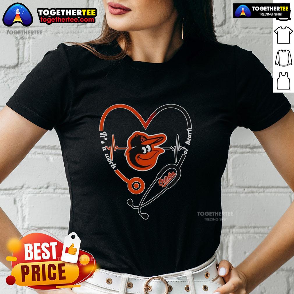 Awesome Baltimore Orioles It's A Work Of Heart Stethoscope And Heartbeat Shape Ladies-Tee Baltimore Orioles ladies tee featuring a stethoscope and heartbeat design, perfect for fans and healthcare workers.