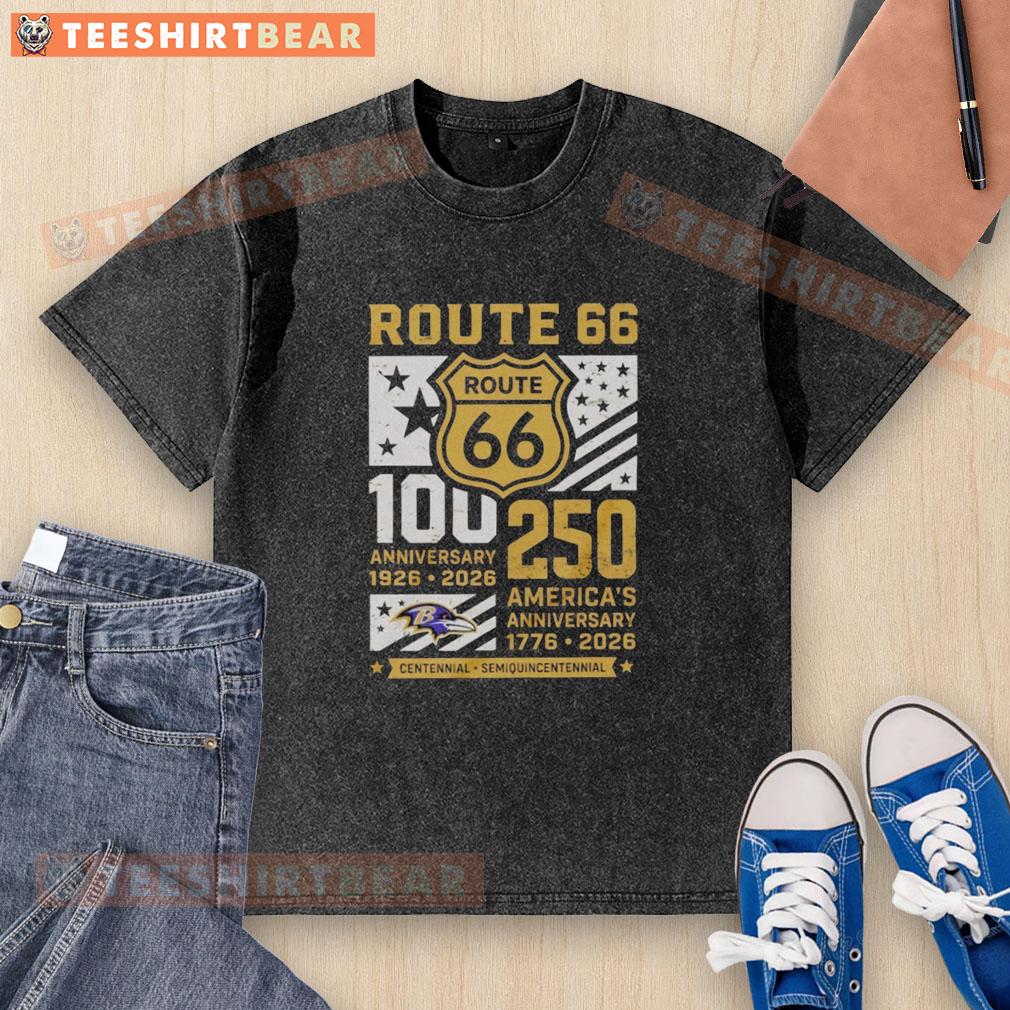 awesome-baltimore-ravens-route-66-centennial-100th-anniversary-1926-2026-250th-america-anniversary-washed-t-shirt Awesome Baltimore Ravens Route 66 Centennial T-Shirt celebrating 100th Anniversary 1926-2026 and America's 250th.