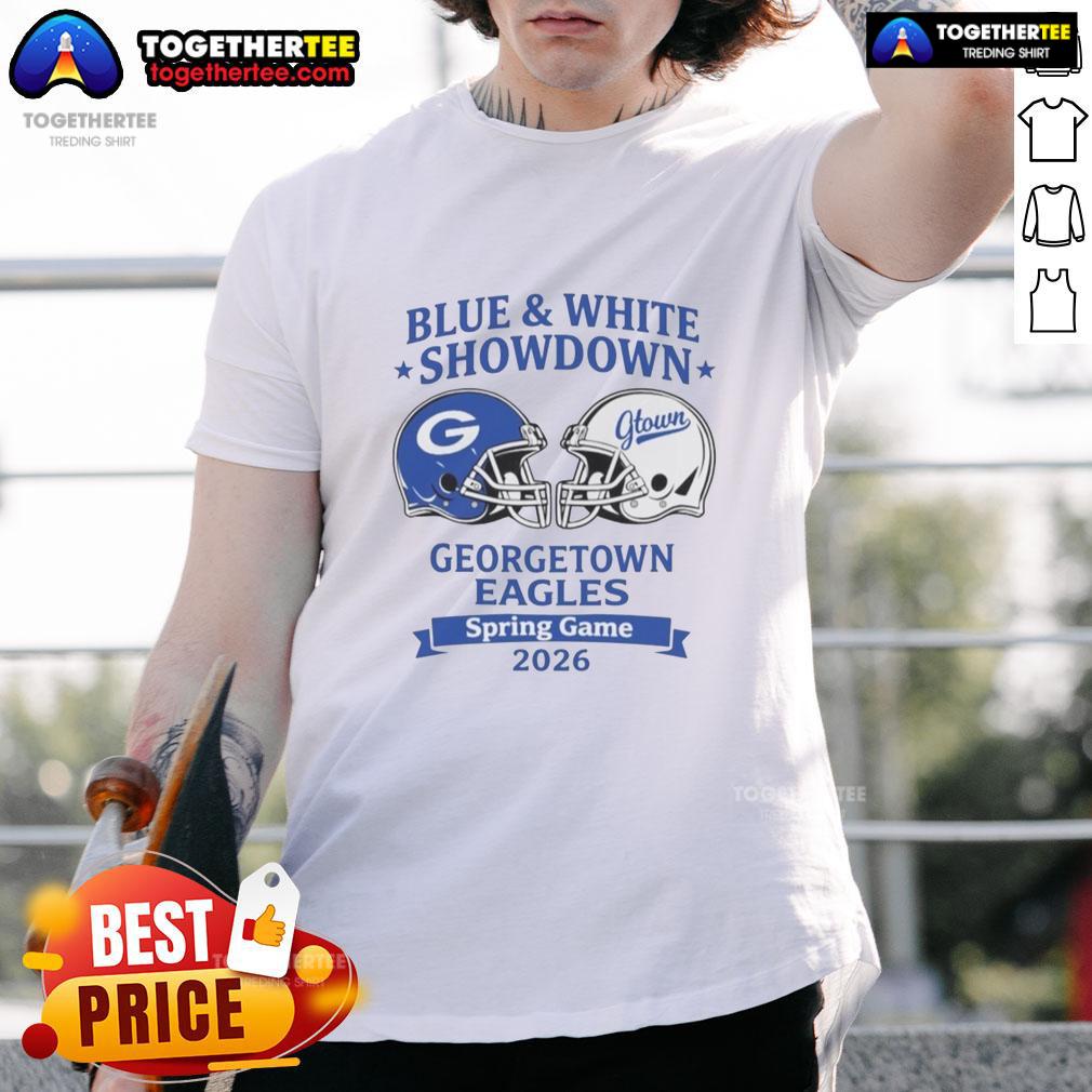 Awesome Blue And White Showdown Georgetown Eagles Spring Game 2026 T Shirt Alt Text: Awesome Blue and White Showdown Georgetown Eagles Spring Game 2026 T-Shirt featuring vibrant team colors and logo.