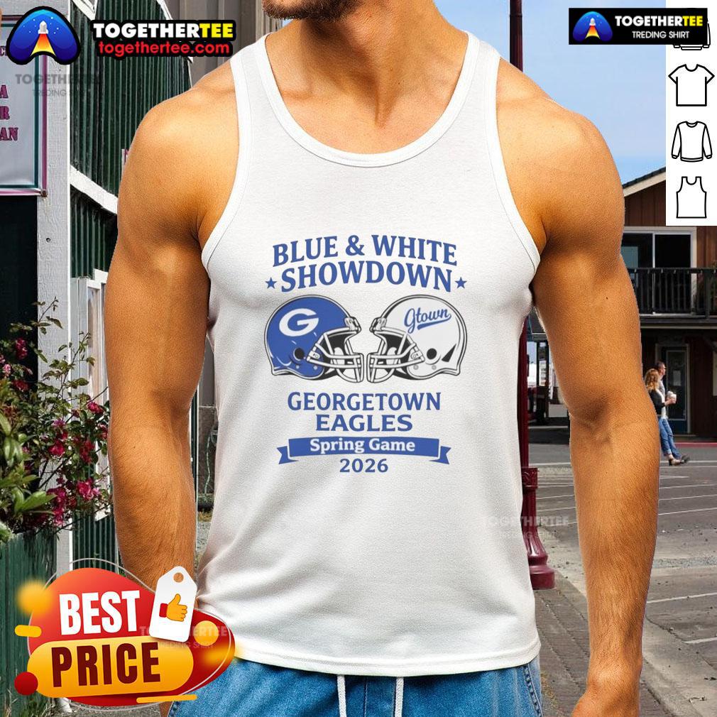 Awesome Blue And White Showdown Georgetown Eagles Spring Game 2026 Tank Top Georgetown Eagles Spring Game 2026 tank top in blue and white, showcasing team spirit and style for fans.
