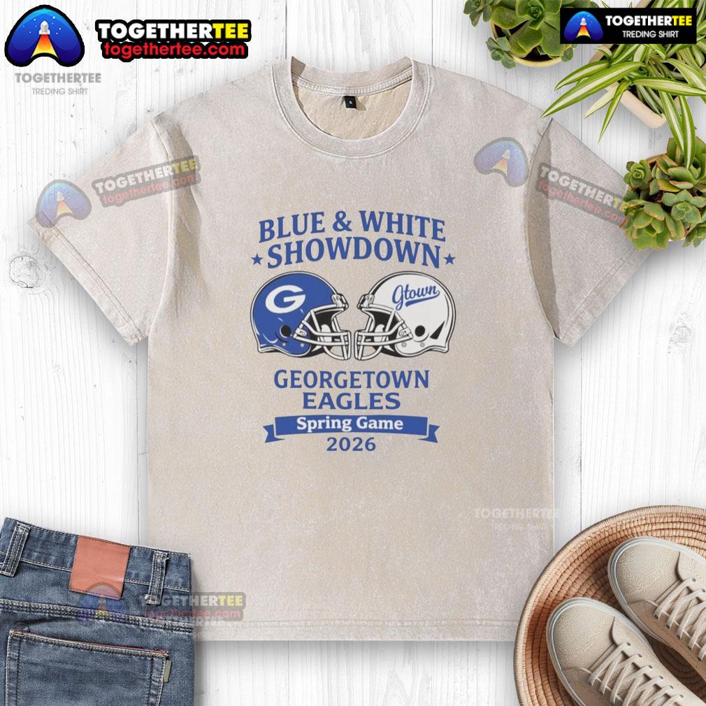 Awesome Blue And White Showdown Georgetown Eagles Spring Game 2026 Washed T-Shirt Alt Text: Awesome blue and white Georgetown Eagles spring game 2026 washed t-shirt displayed on a wooden background.