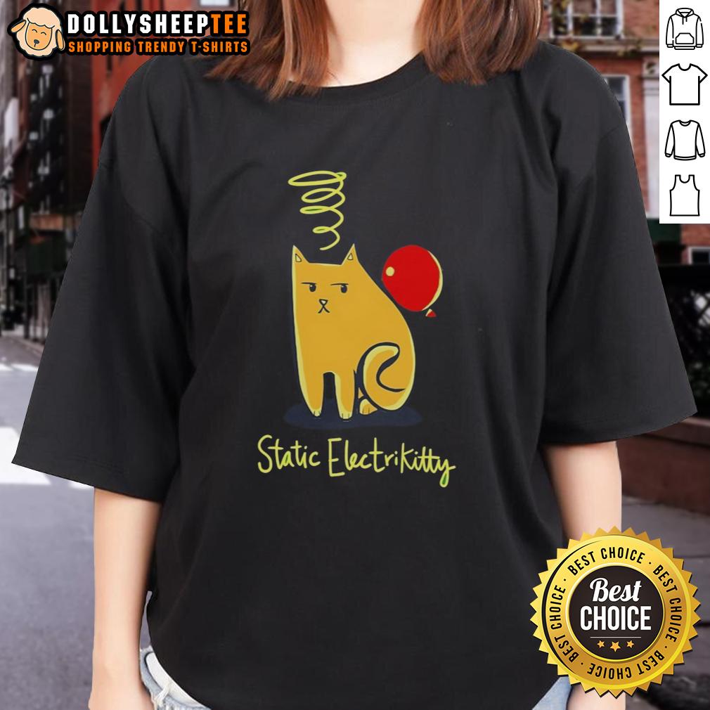 Awesome Cat Balloon Static Electricity Ladies Tee Alt Text: Awesome Cat Balloon with Static Electricity design on a stylish ladies tee, perfect for cat lovers and fun fashion.