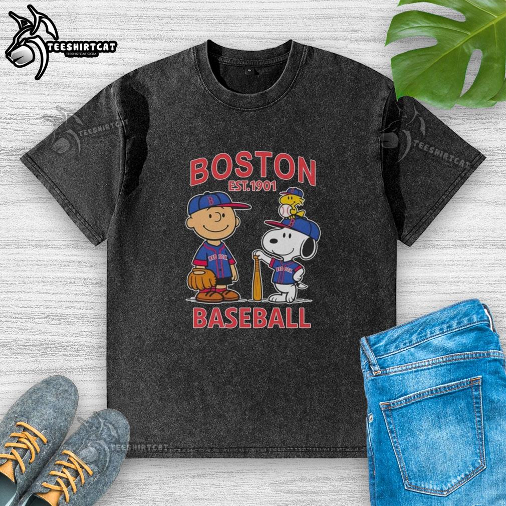 awesome-charlie-brown-and-snoopy-x-boston-red-sox-basketball-est-1901-washed-t-shirt Alt Text: Awesome Charlie Brown and Snoopy X Boston Red Sox basketball t-shirt, established 1901, vintage washed style.