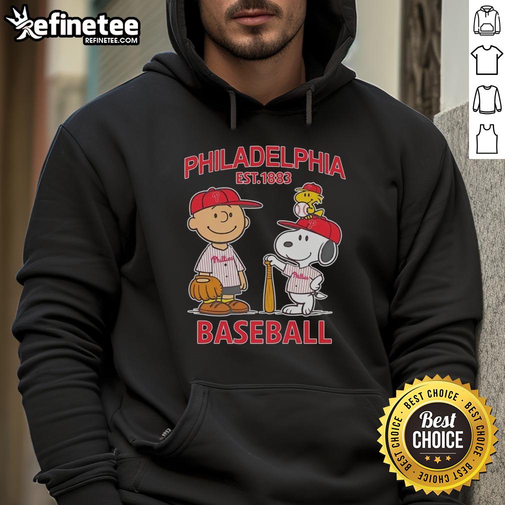 awesome-charlie-brown-snoopy-and-woodstock-with-philadelphia-phillies-baseball-jersey-est-1883-hoodie Awesome Charlie Brown Snoopy And Woodstock With Philadelphia Phillies Baseball Jersey Est 1883 T-Shirt - Image 2