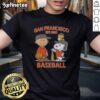 Alt Text: Charlie Brown, Snoopy, and Woodstock wearing San Francisco Giants baseball jersey t-shirt, established 1883.
