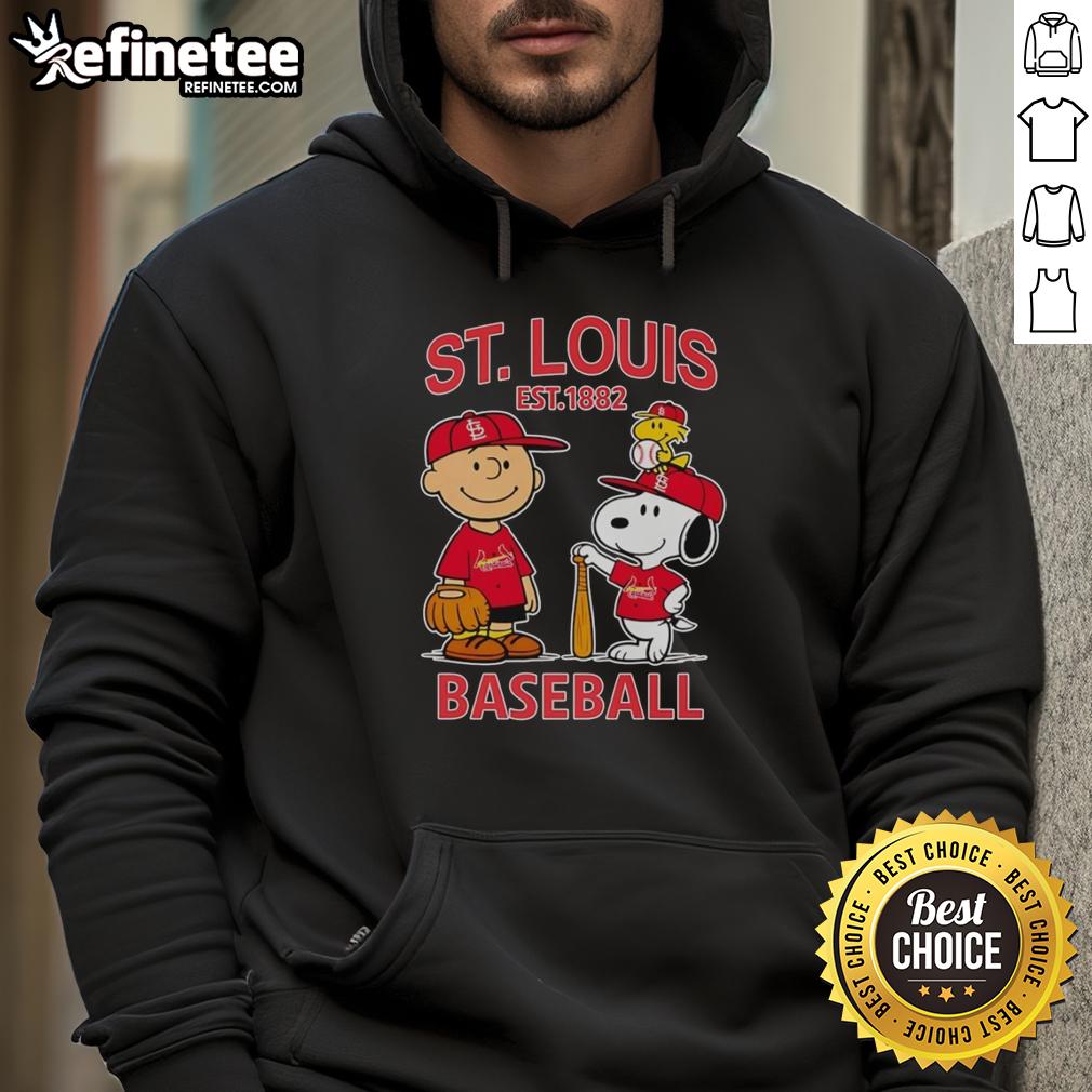 awesome-charlie-brown-snoopy-and-woodstock-with-st-louis-cardinals-baseball-jersey-est-1882-hoodie Awesome Charlie Brown Snoopy And Woodstock With St Louis Cardinals Baseball Jersey Est 1882 T-Shirt - Image 2