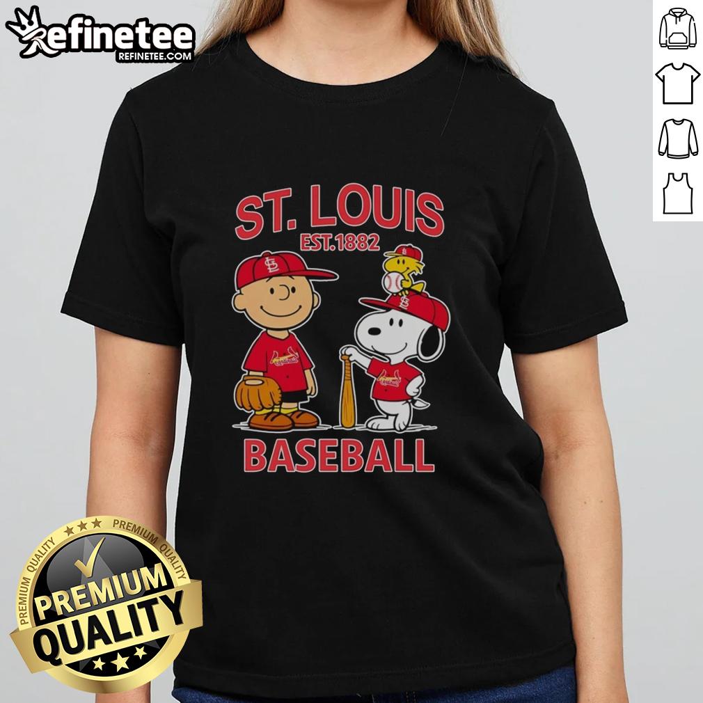 awesome-charlie-brown-snoopy-and-woodstock-with-st-louis-cardinals-baseball-jersey-est-1882-ladies-tee Awesome Charlie Brown Snoopy And Woodstock With St Louis Cardinals Baseball Jersey Est 1882 T-Shirt - Image 3