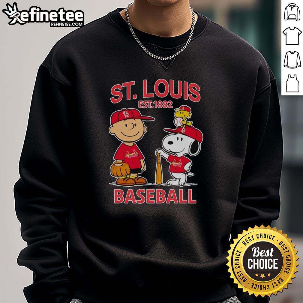 awesome-charlie-brown-snoopy-and-woodstock-with-st-louis-cardinals-baseball-jersey-est-1882-sweatshirt Alt Text: Awesome Charlie Brown, Snoopy, and Woodstock in St. Louis Cardinals baseball jersey sweatshirt, Est 1882 design.