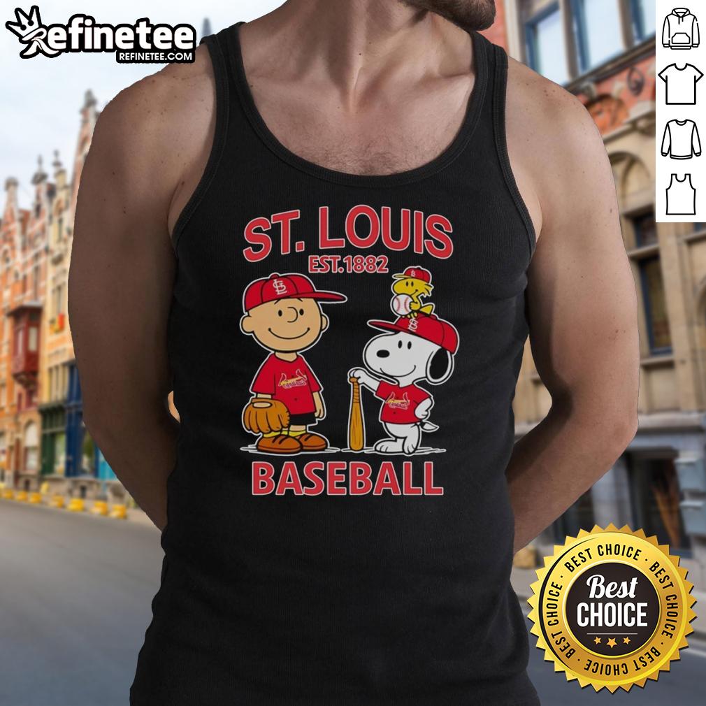 awesome-charlie-brown-snoopy-and-woodstock-with-st-louis-cardinals-baseball-jersey-est-1882-tank-top Awesome Charlie Brown Snoopy And Woodstock With St Louis Cardinals Baseball Jersey Est 1882 T-Shirt - Image 4