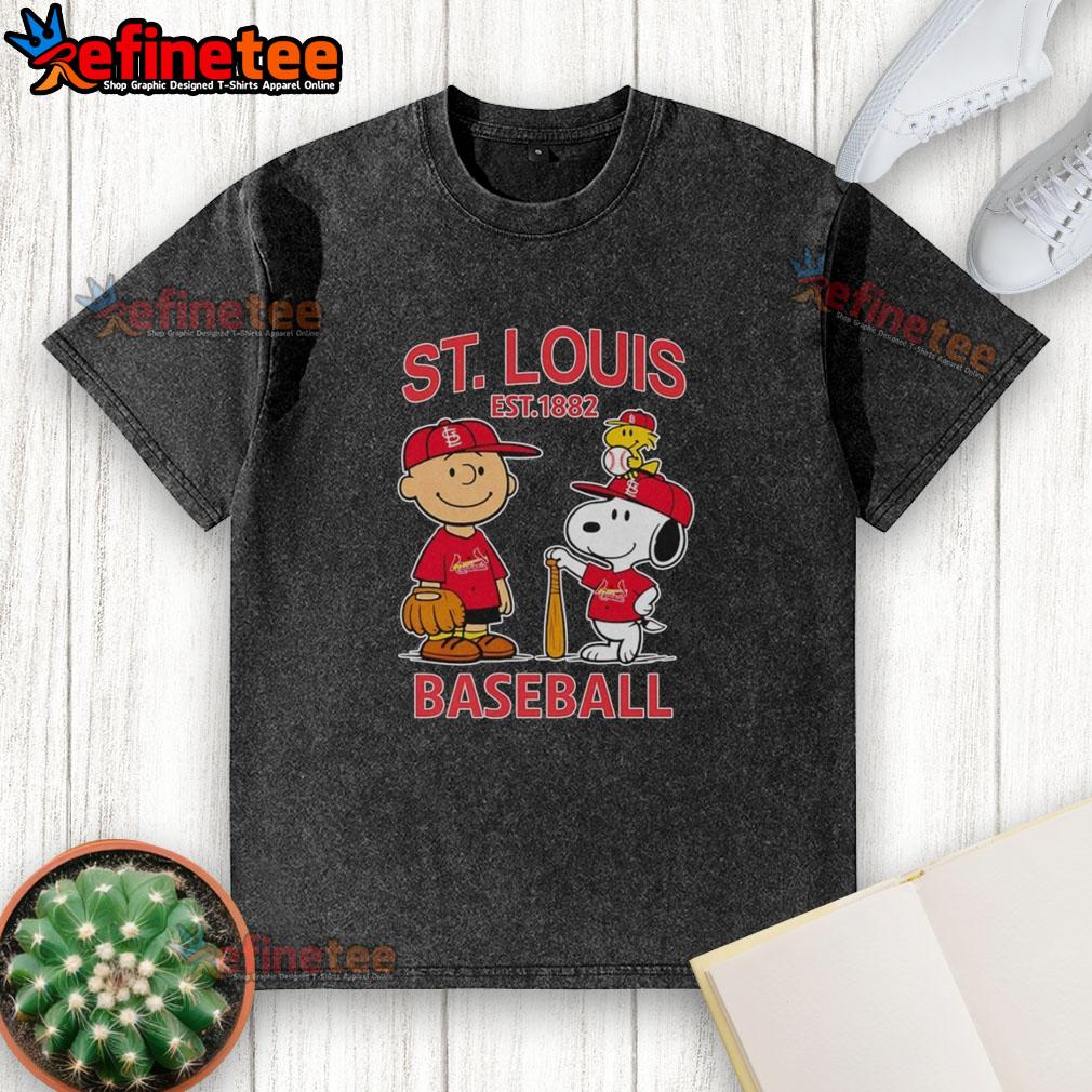 awesome-charlie-brown-snoopy-and-woodstock-with-st-louis-cardinals-baseball-jersey-est-1882-washed-t-shirt Awesome Charlie Brown Snoopy And Woodstock With St Louis Cardinals Baseball Jersey Est 1882 T-Shirt - Image 6