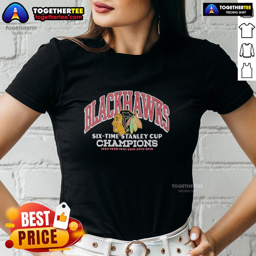 Awesome Chicago Blackhawks Six Time Stanley Cup Champions 2015 Ladies Tee Alt Text: Awesome Chicago Blackhawks six-time Stanley Cup champions 2015 ladies tee featuring team logo and stylish design.