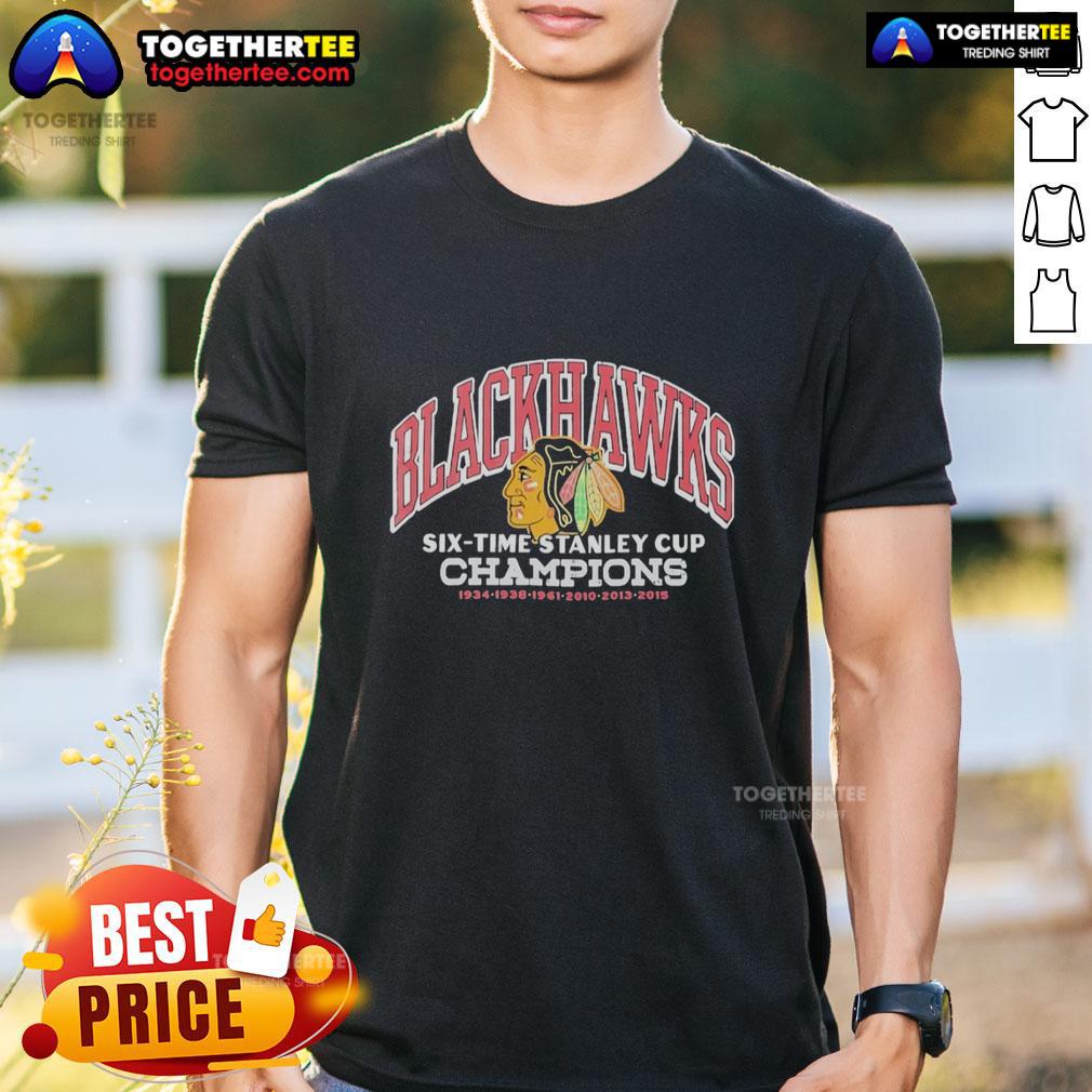 Awesome Chicago Blackhawks Six Time Stanley Cup Champions 2015 T Shirt Alt Text: Awesome Chicago Blackhawks Six Time Stanley Cup Champions 2015 T-Shirt featuring team logo and championship details.