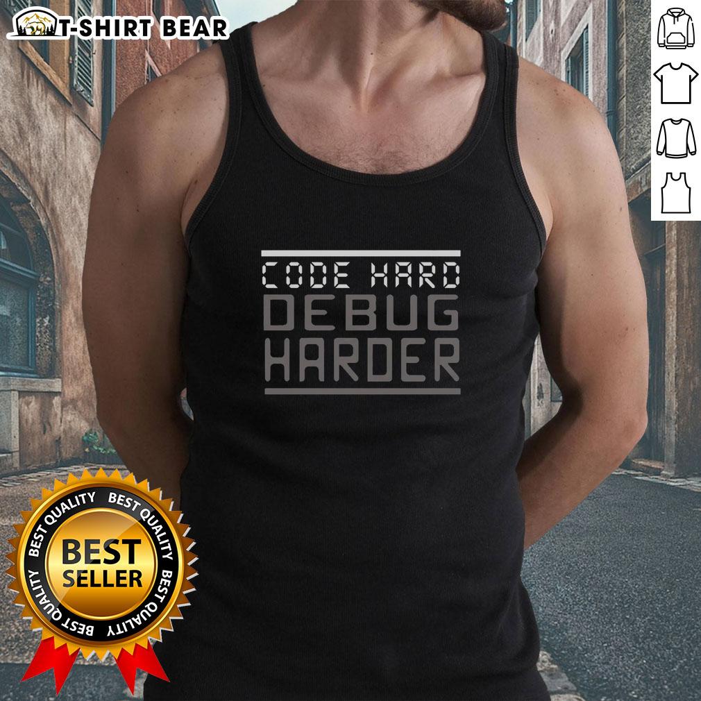 Awesome Code Hard Debug Harder Geek Tank Top Geek tank top featuring 'Awesome Code, Hard Debug, Harder' slogan, perfect for coding enthusiasts and tech lovers.