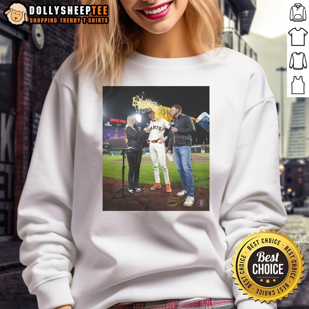 Awesome Daniel Susac San Francisco Giants Have Water Thrown On Someone Sweatshirt Awesome Daniel Susac San Francisco Giants sweatshirt with water thrown on someone at a baseball game celebration.