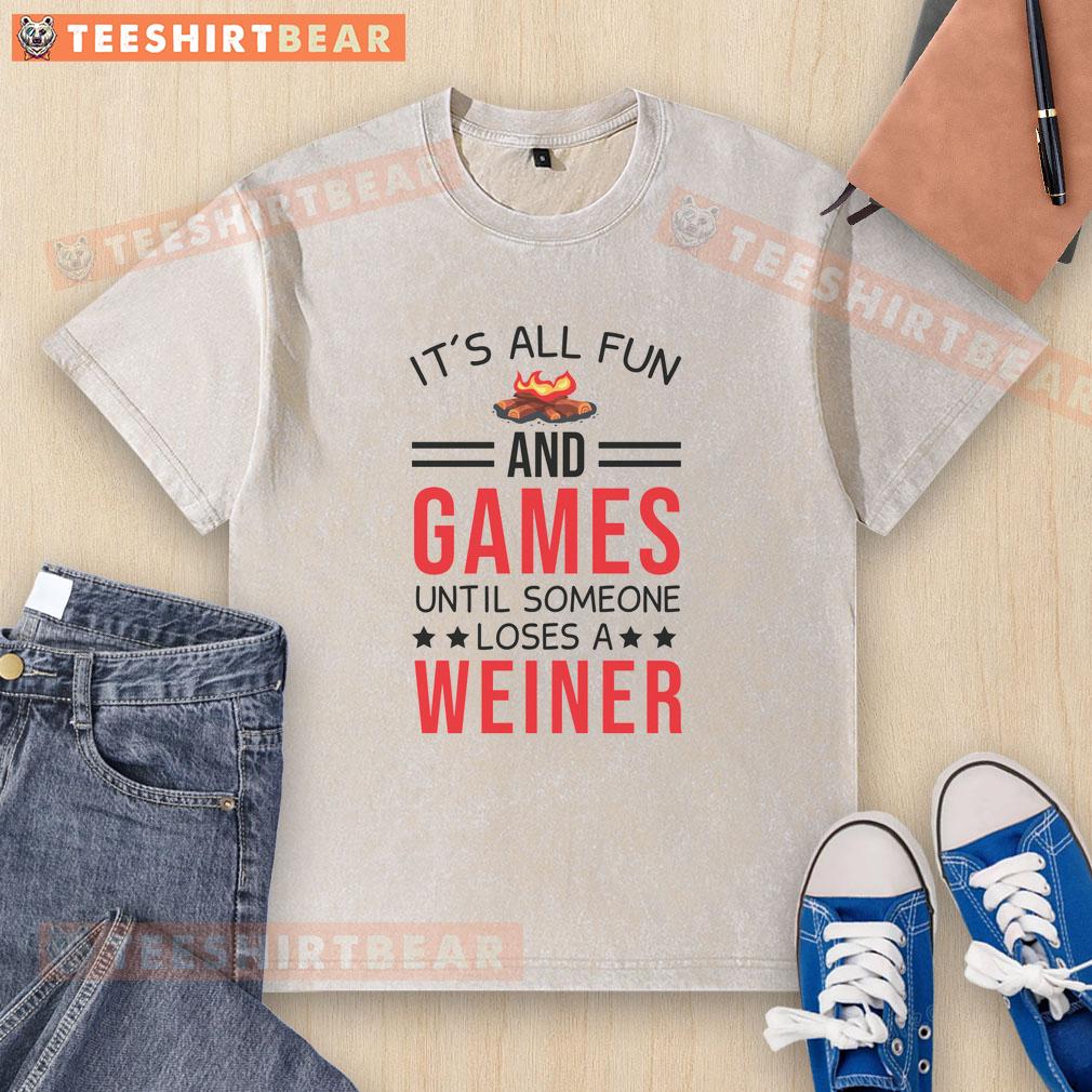 awesome-gamer-camping-its-all-fun-and-games-until-someone-loses-a-weiner-washed-t-shirt Awesome gamer camping t-shirt featuring a fun design: 'It's all fun and games until someone loses a weiner.'