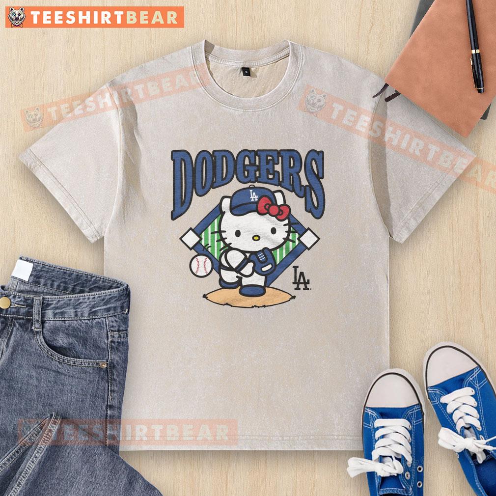 awesome-hello-kitty-x-los-angeles-dodgers-first-pitch-washed-t-shirt Alt Text: Hello Kitty x Los Angeles Dodgers first pitch washed t-shirt featuring playful design and vibrant colors.