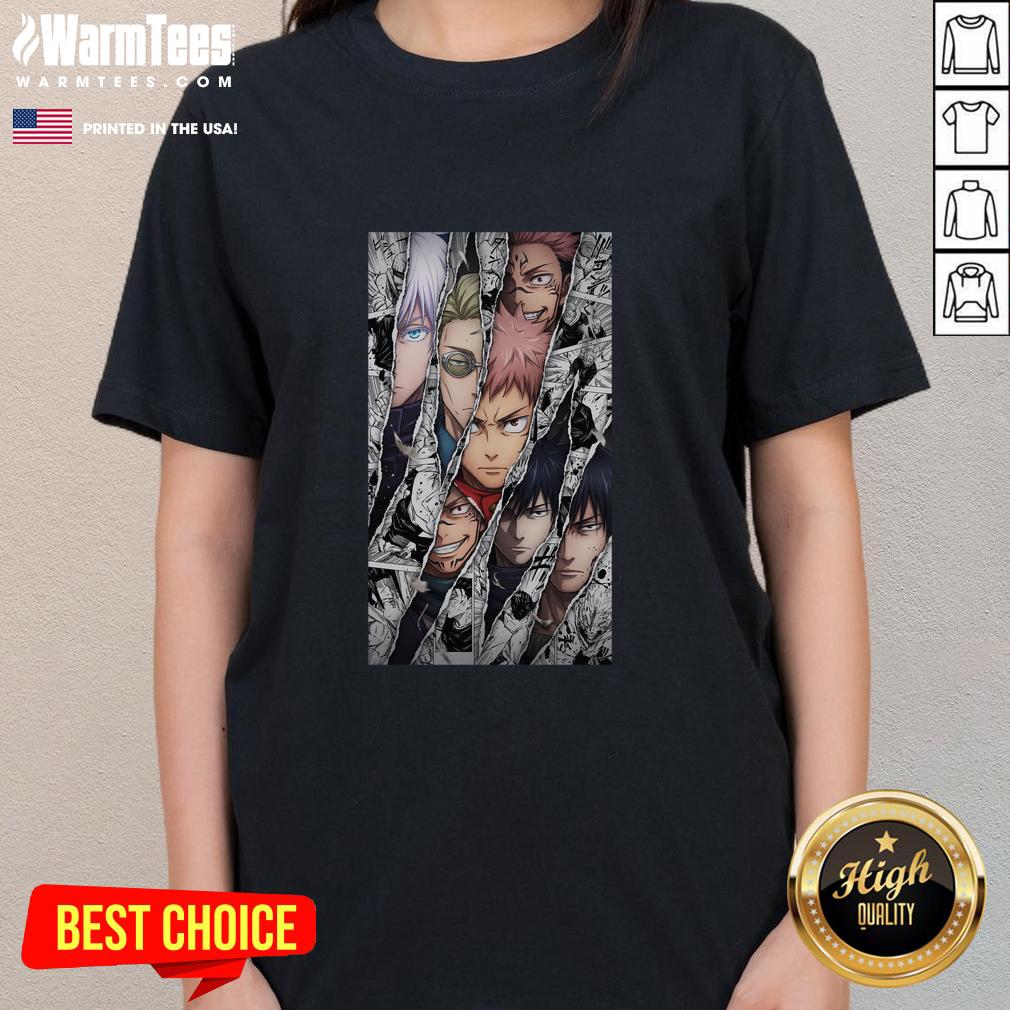awesome-jujutsu-kaisen-characters-manga-panel-burst-ladies-tee Alt Text: Awesome Jujutsu Kaisen characters featured in a manga panel on a stylish ladies tee design.