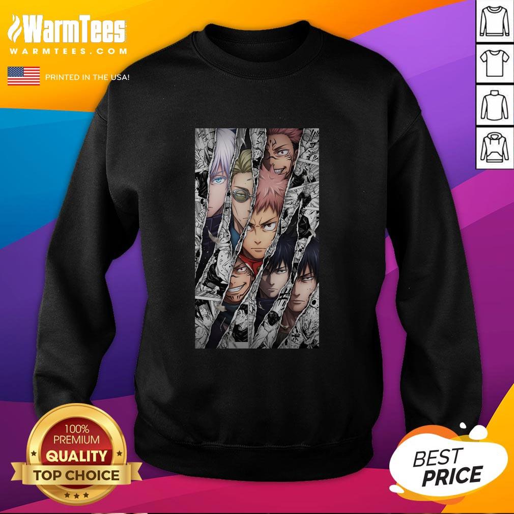 awesome-jujutsu-kaisen-characters-manga-panel-burst-sweatshirt Alt Text: Awesome Jujutsu Kaisen characters featured in a vibrant manga panel on a stylish sweatshirt.