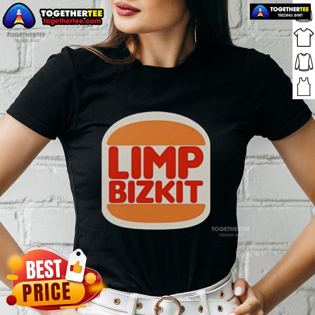 Awesome Limp Bizkit Burger King Parody Logo Ladies Tee Alt Text: Awesome Limp Bizkit Burger King parody logo on a stylish ladies tee, blending music and fast food culture.