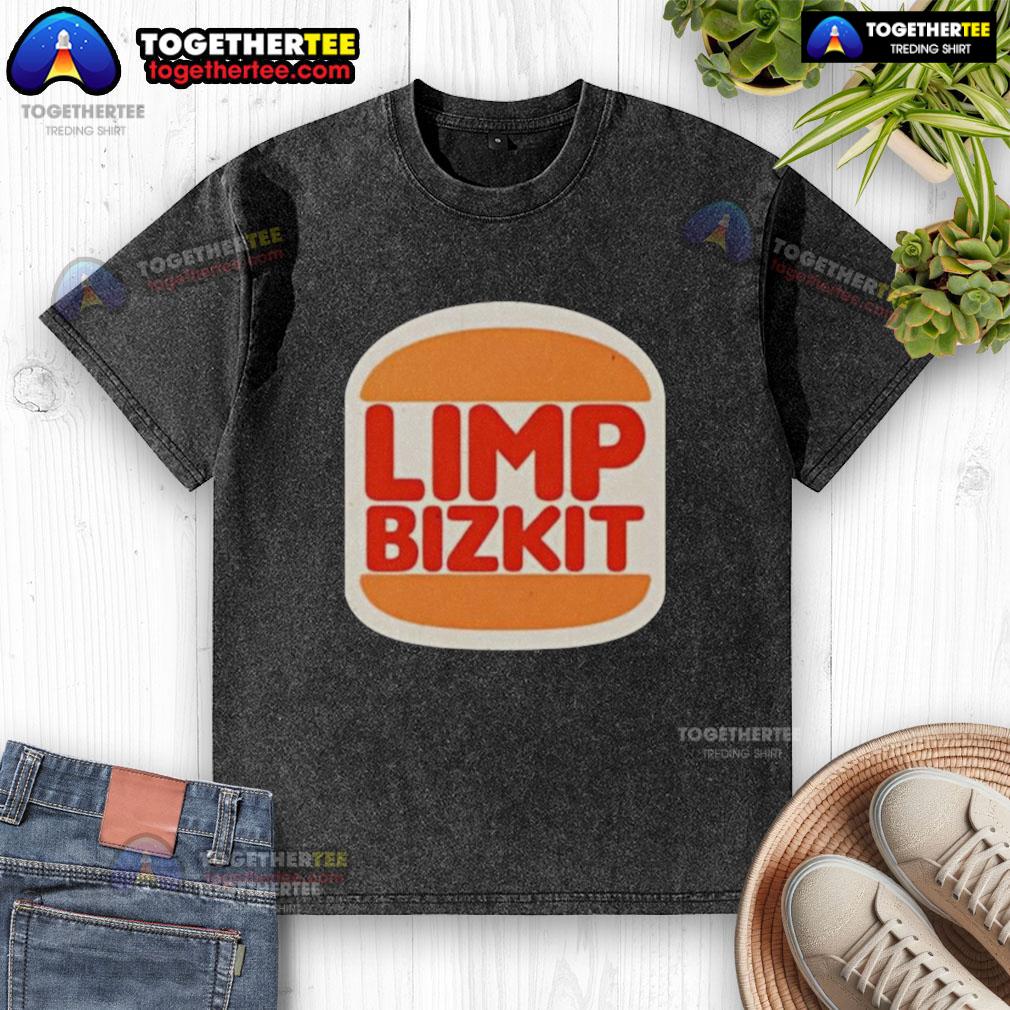 Awesome Limp Bizkit Burger King Parody Logo Washed T Shirt Alt Text: Awesome Limp Bizkit Burger King parody logo on a washed t-shirt, perfect for music fans and casual wear.