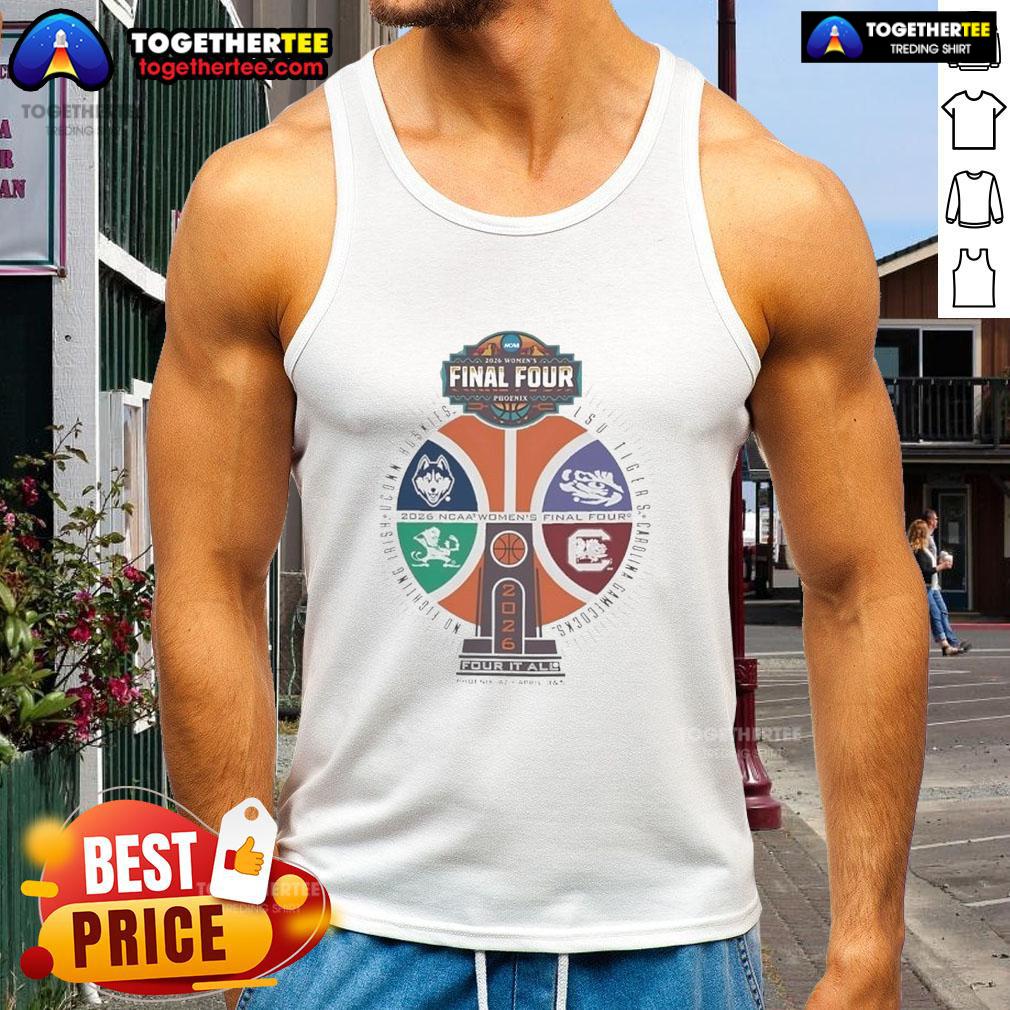 Awesome NCAA Women's Final Four Phoenix 2026 Four It All Basketball Trophy Logo Tank Top NCAA Women's Final Four Phoenix 2026 tank top featuring a vibrant basketball trophy logo design.