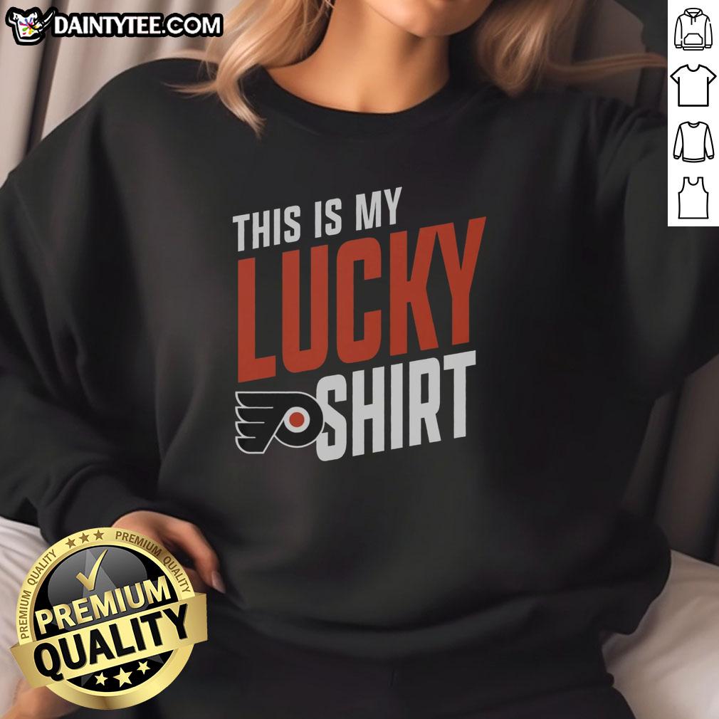 awesome-philadelphia-flyers-this-is-my-lucky-sweatshirt Fan wearing an Awesome Philadelphia Flyers sweatshirt, showcasing team spirit and luck at a game.