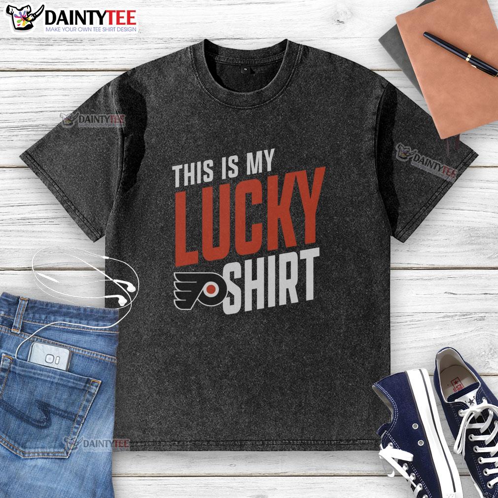 awesome-philadelphia-flyers-this-is-my-lucky-washed-t-shirt Awesome Philadelphia Flyers 'This Is My Lucky' washed t-shirt displayed on a hanger, showcasing team spirit and style.