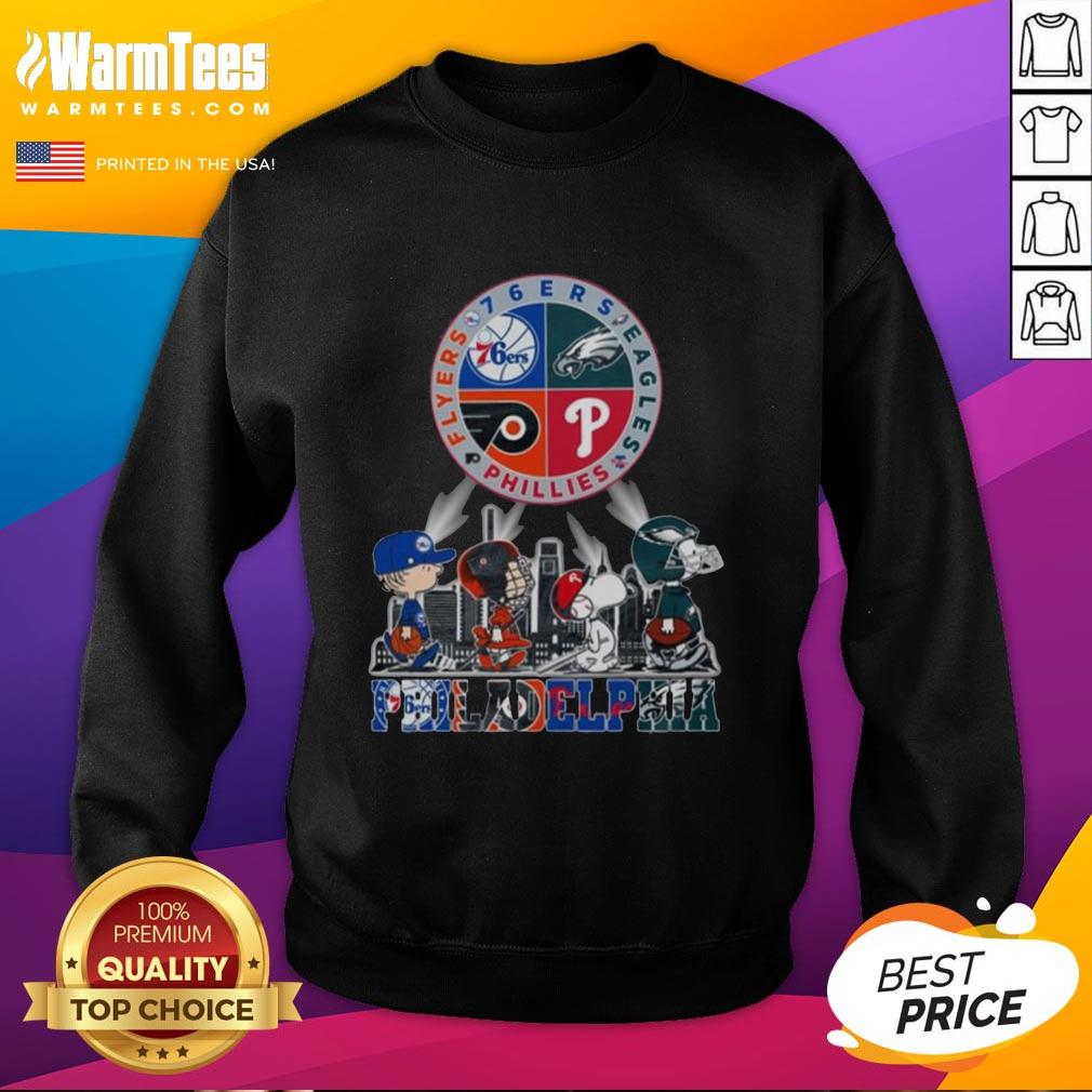 awesome-philadelphia-sports-teams-snoopy-76ers-eagles-flyers-phillies-sweatshirt Alt Text: Cozy sweatshirt featuring Snoopy with Philadelphia sports teams: 76ers, Eagles, Flyers, and Phillies logos.