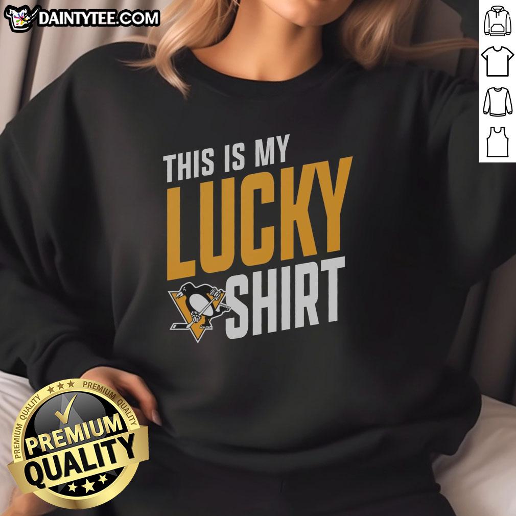 awesome-pittsburgh-penguins-this-is-my-lucky-sweatshirt Fan wearing an Awesome Pittsburgh Penguins sweatshirt, showcasing team spirit and luck at a hockey game.