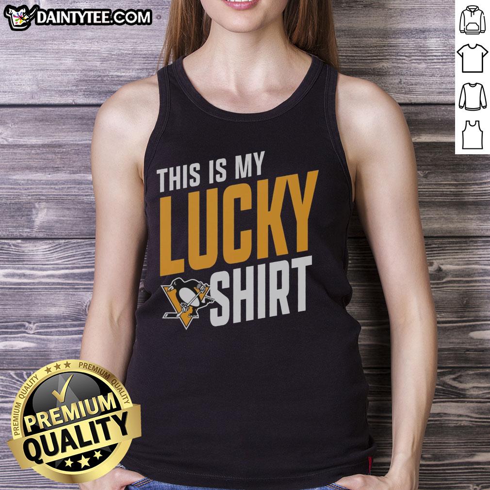 awesome-pittsburgh-penguins-this-is-my-lucky-tank-top Alt Text: Fan wearing an Awesome Pittsburgh Penguins tank top, showcasing team spirit and luck at a hockey game.