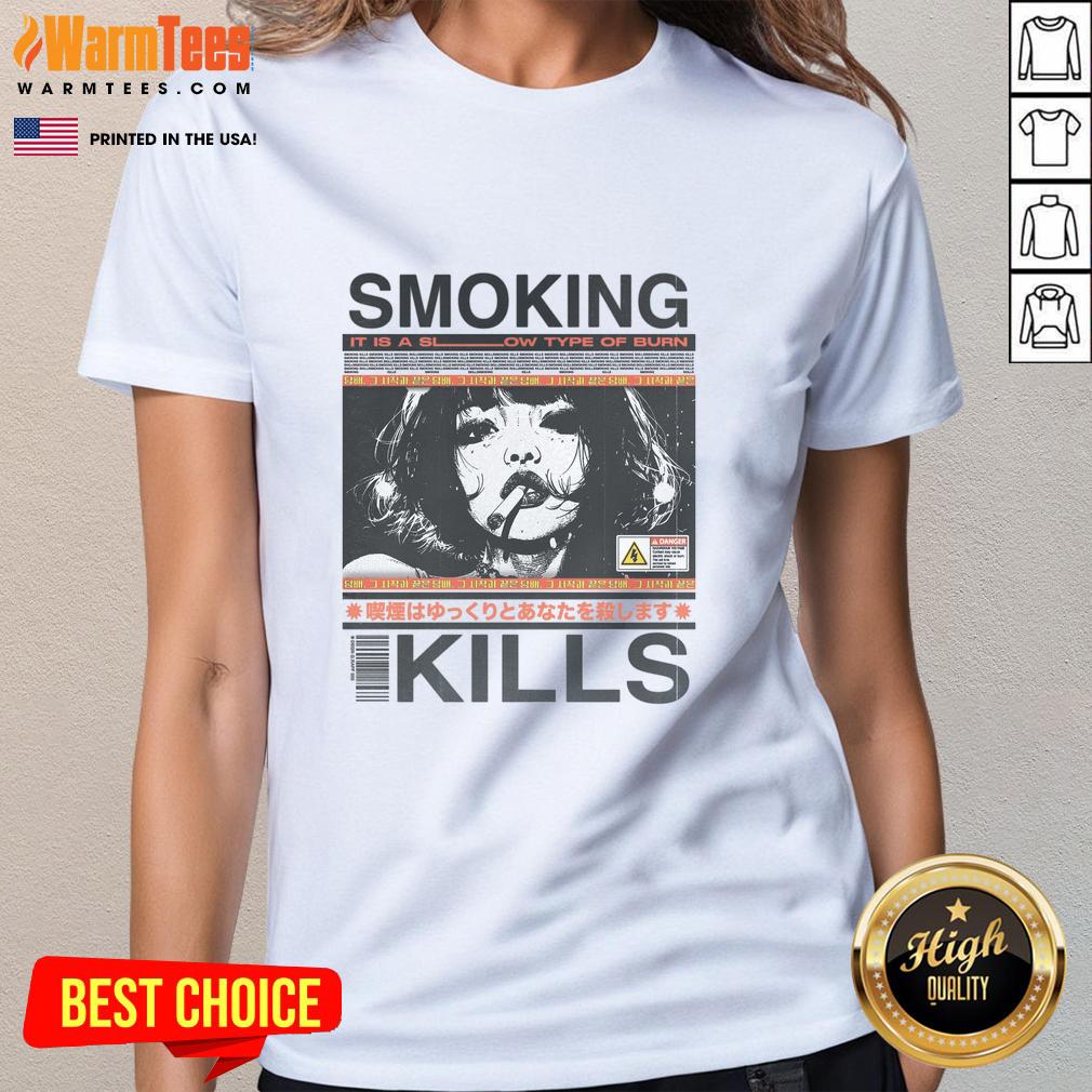 awesome-smoking-kills-retro-manga-anime-graphic-style-ladies-tee Alt Text: Retro manga anime graphic style ladies tee featuring Awesome Smoking Kills design in vibrant colors.