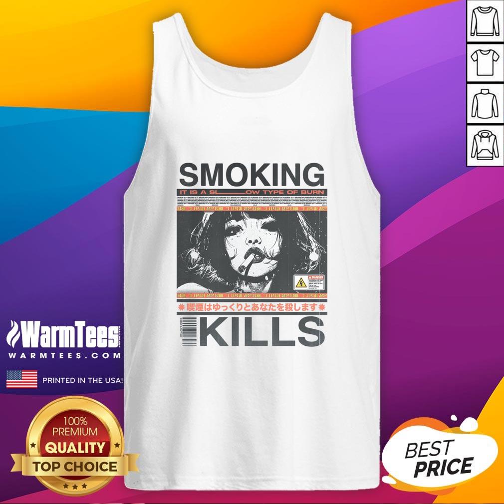 awesome-smoking-kills-retro-manga-anime-graphic-style-tank-top Retro manga anime graphic tank top with 'Smoking Kills' design, featuring vibrant colors and bold artwork.