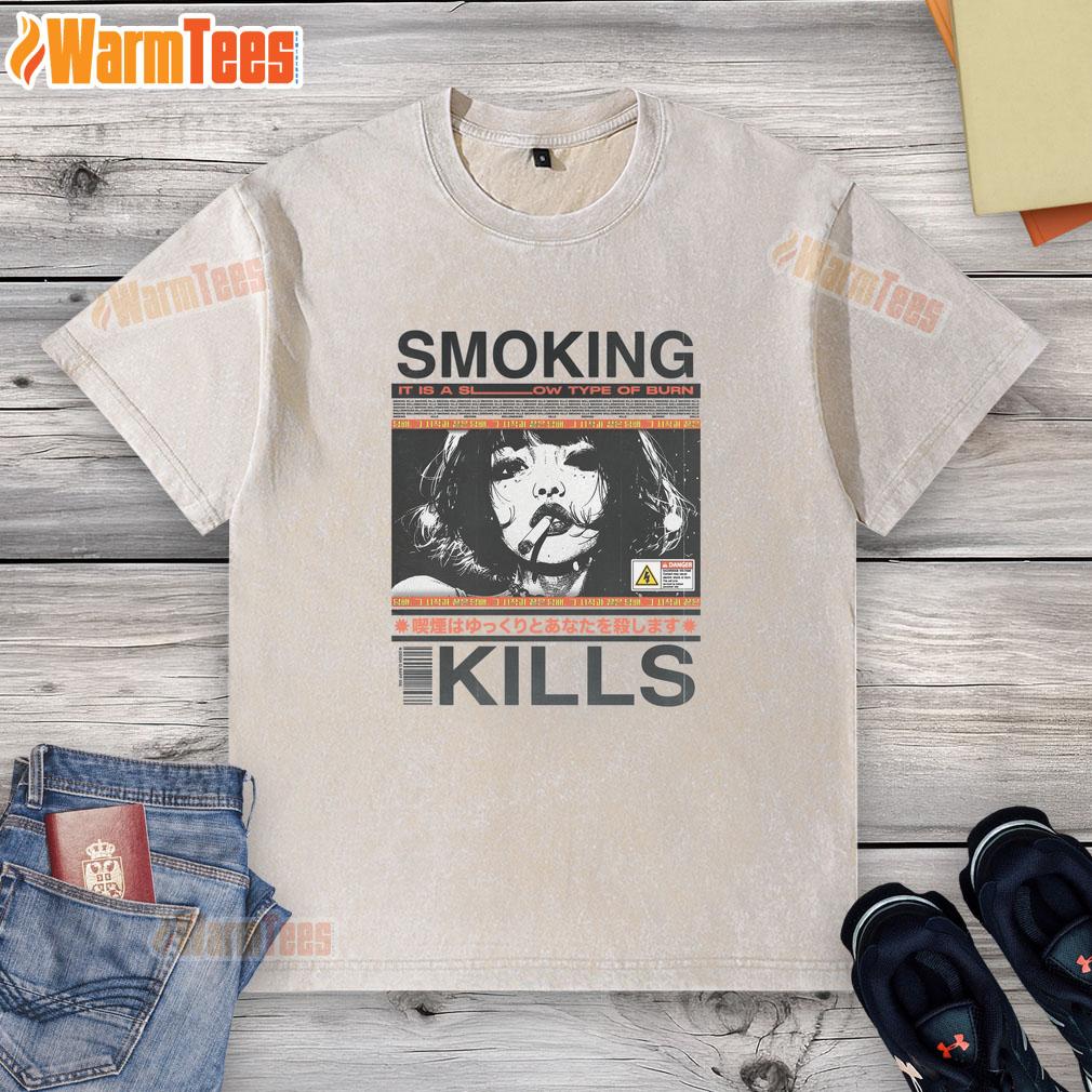 awesome-smoking-kills-retro-manga-anime-graphic-style-washed-t-shirt Awesome Smoking Kills retro manga anime graphic style washed t-shirt featuring vibrant illustrations and bold text.
