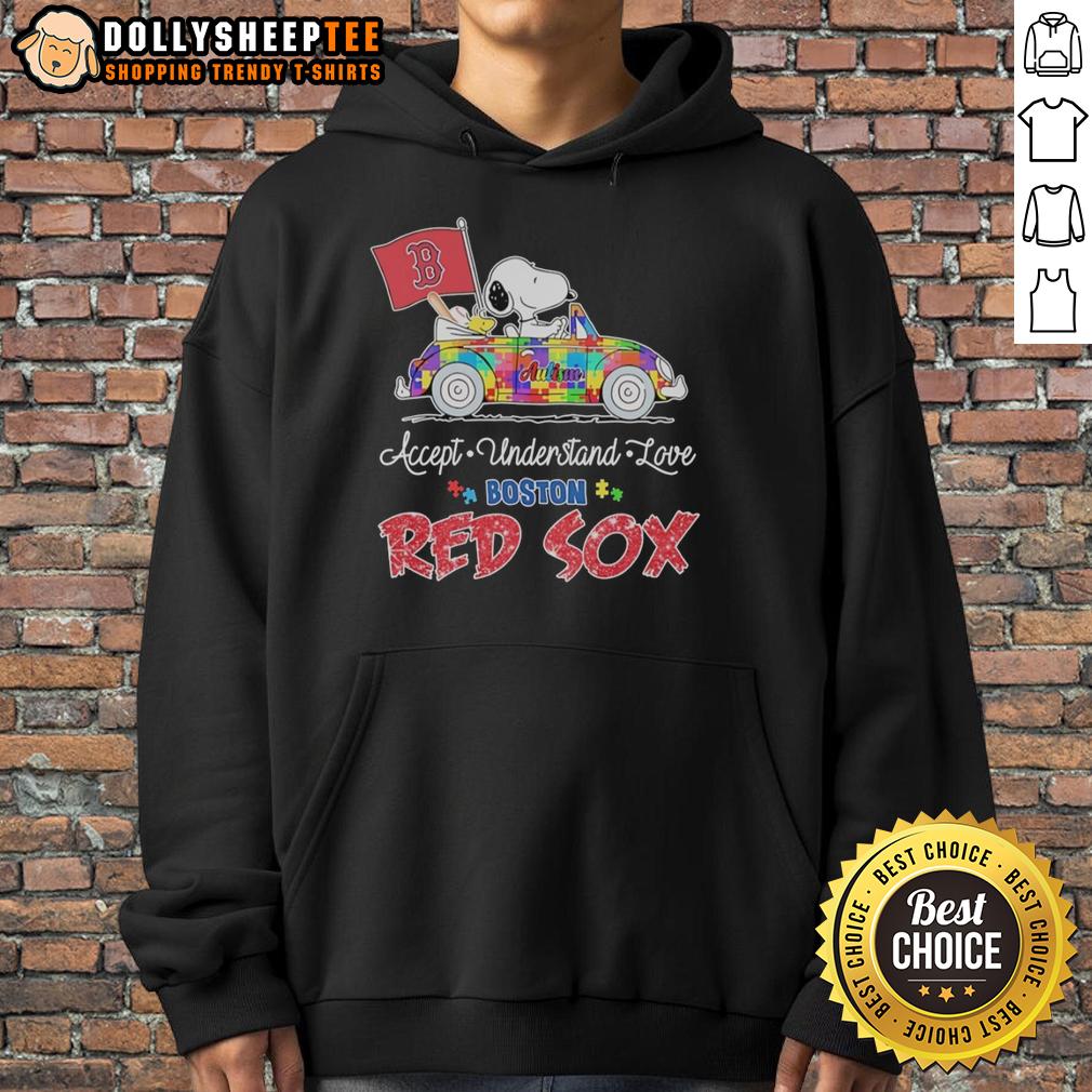 Awesome Snoopy And Woodstock Driving Car Autism Accept Understand Love Boston Red Sox Hoodie Snoopy and Woodstock driving a car in a Boston Red Sox hoodie, promoting autism acceptance and love.
