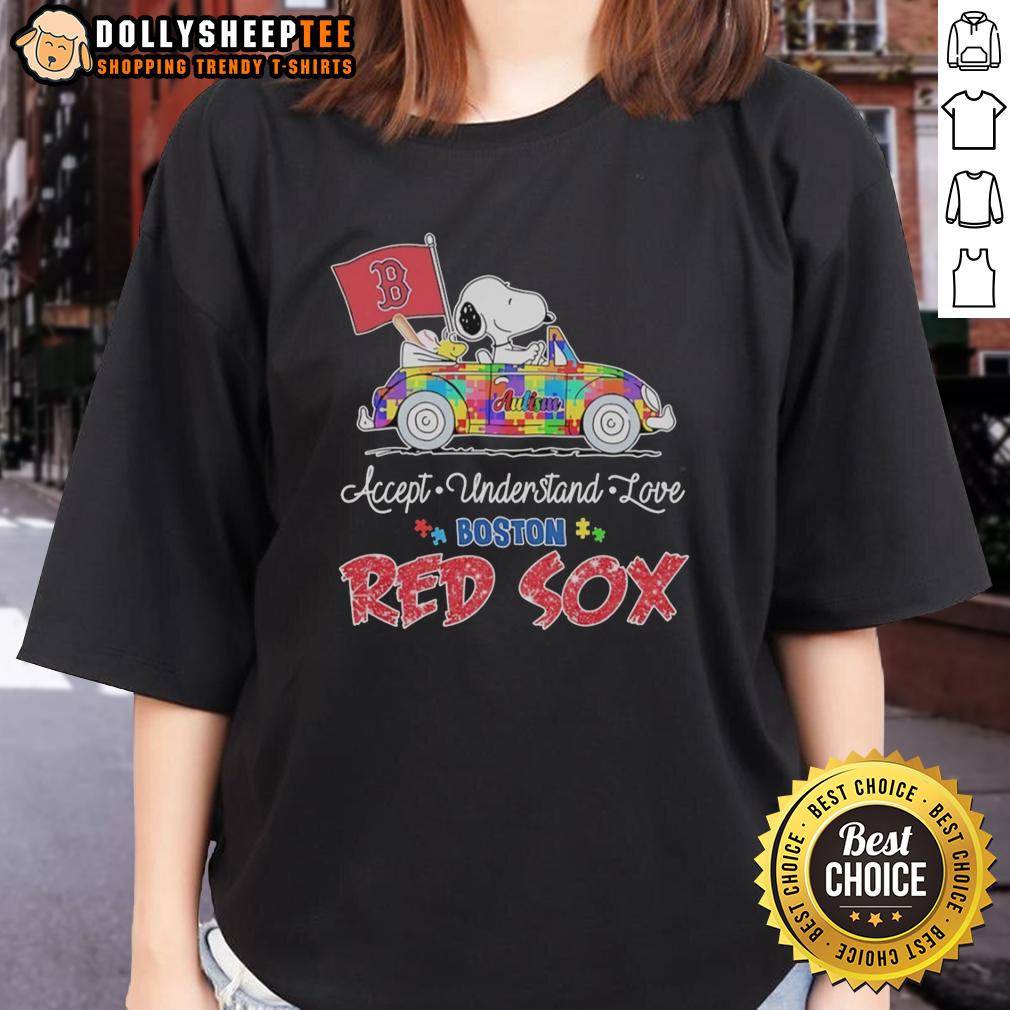 Awesome Snoopy And Woodstock Driving Car Autism Accept Understand Love Boston Red Sox Ladies-Tee Awesome Snoopy and Woodstock driving a car on Boston Red Sox ladies tee promoting autism acceptance, understanding, and love.