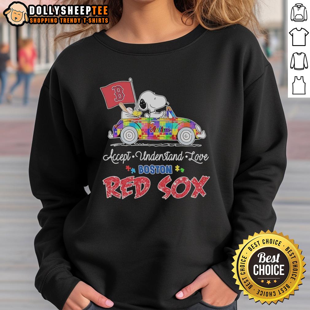Awesome Snoopy And Woodstock Driving Car Autism Accept Understand Love Boston Red Sox Sweatshirt Alt Text: Snoopy and Woodstock happily driving a car in Boston Red Sox sweatshirt promoting autism acceptance and love.