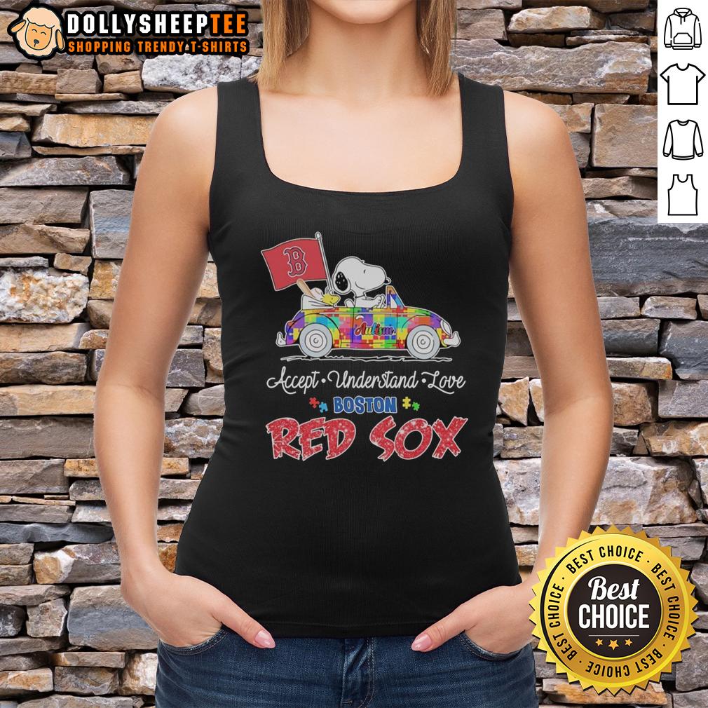 Awesome Snoopy And Woodstock Driving Car Autism Accept Understand Love Boston Red Sox Tank Top Snoopy and Woodstock driving a car on a Boston Red Sox tank top promoting autism acceptance and love.