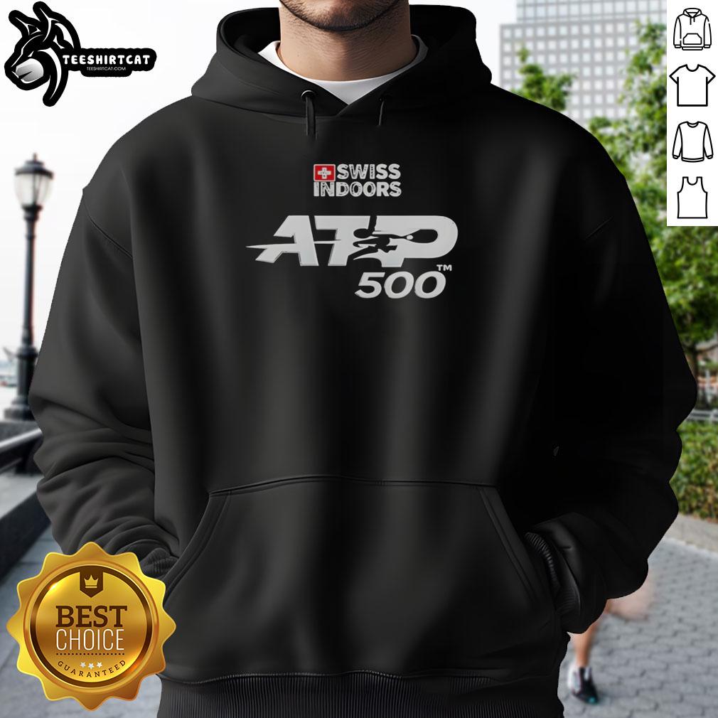 awesome-swiss-indoors-basel-atp-500-hoodie Alt Text: Awesome Swiss Indoors Basel ATP 500 hoodie displayed on a hanger, featuring vibrant colors and stylish design.