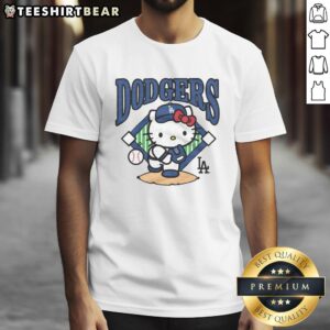 Awesome Hello Kitty X Los Angeles Dodgers First Pitch T-Shirt featuring a playful design perfect for fans and collectors.