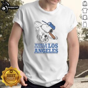 Alt Text: Premium Snoopy X Los Angeles Dodgers World Champs Cartoon T-Shirt featuring Snoopy celebrating Dodgers victory.
