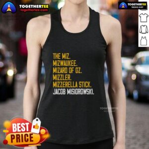 Jacob Misiorowski in a Hot The Miz tank top, showcasing the Mizwaukee Mizard of Oz design at a summer event.