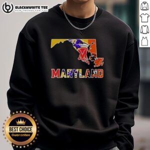 Alt Text: Maryland sports teams graphic on a stylish sweatshirt, showcasing pride in local sports culture and team spirit.