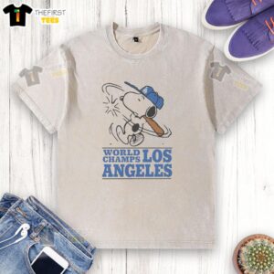 Good Snoopy X Los Angeles Dodgers World Champs cartoon washed t-shirt featuring a playful Snoopy and Dodgers logo design.