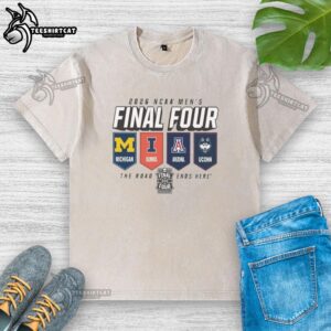 Men's Final Four 2026 washed t-shirt featuring 'The Road Ends Here' design for fans and players celebrating the tournament.