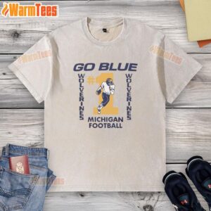 Nice Michigan Football Go Blue washed t-shirt in blue color, perfect for fans supporting their team on game day.
