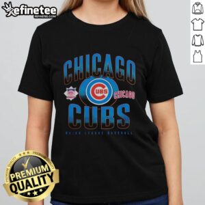 Alt Text: Pretty Chicago Cubs throwback black boxy ladies tee featuring vintage logo and stylish design for female fans.