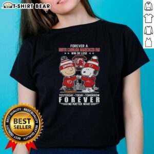 Alt Text: Official South Carolina Gamecocks Snoopy and Charlie Brown Forever a Fan Win or Lose Ladies Tee shirt design.